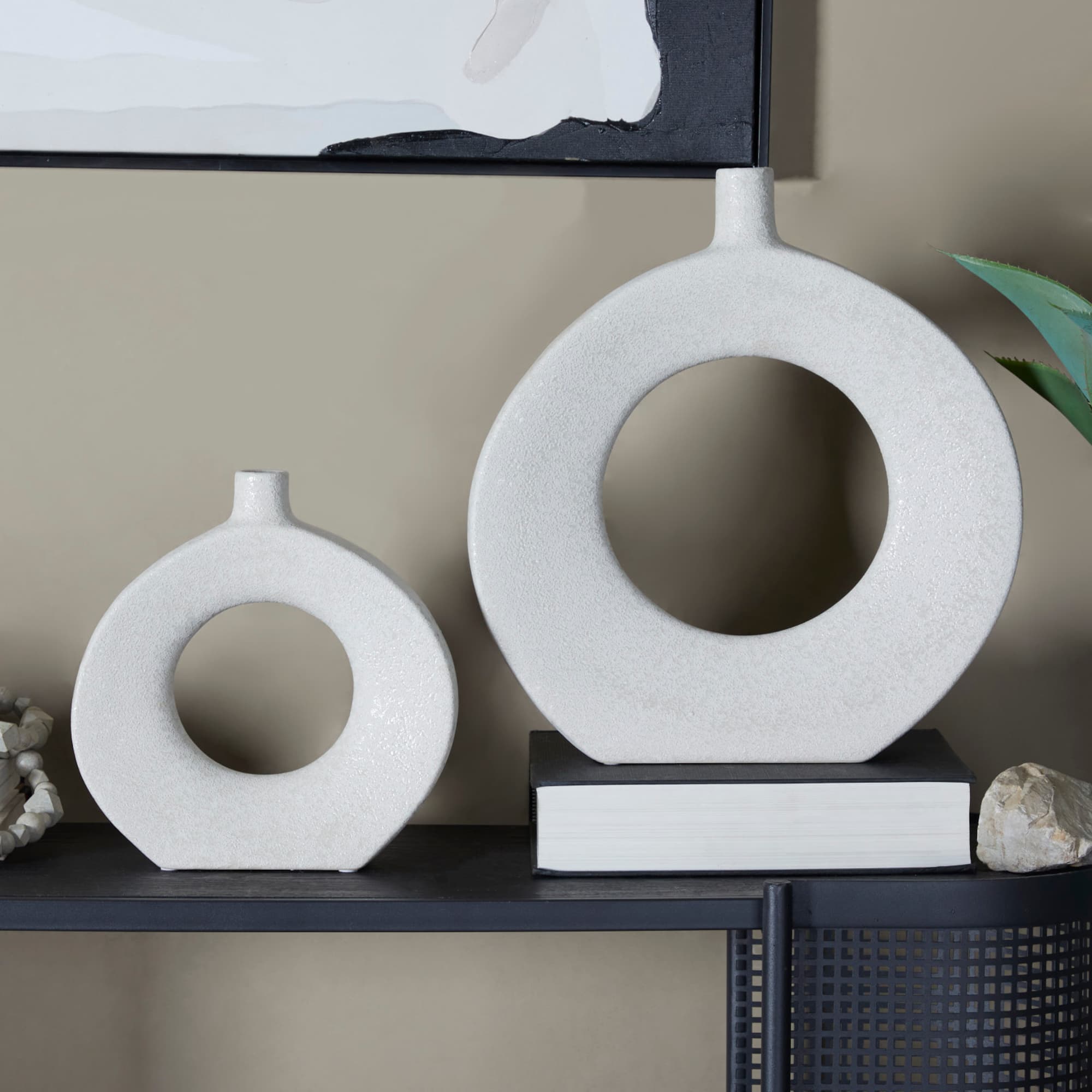 CosmoLiving by Cosmopolitan White Ceramic Round Donut Shaped Vase Set of 2 16", 10"